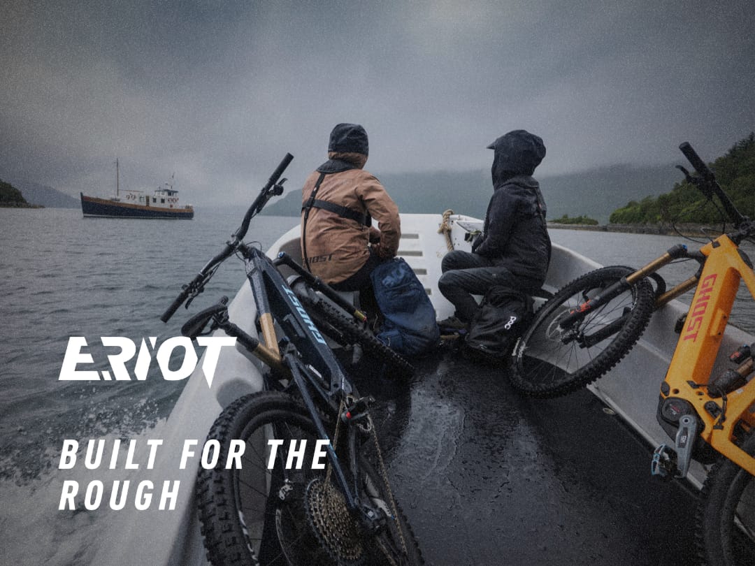 Ghost E-Riot launch campaign image with riders in the Scottish Highlands