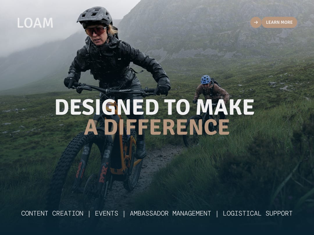 LOAM brand identity hero image with a mountain biker and LOAM headline