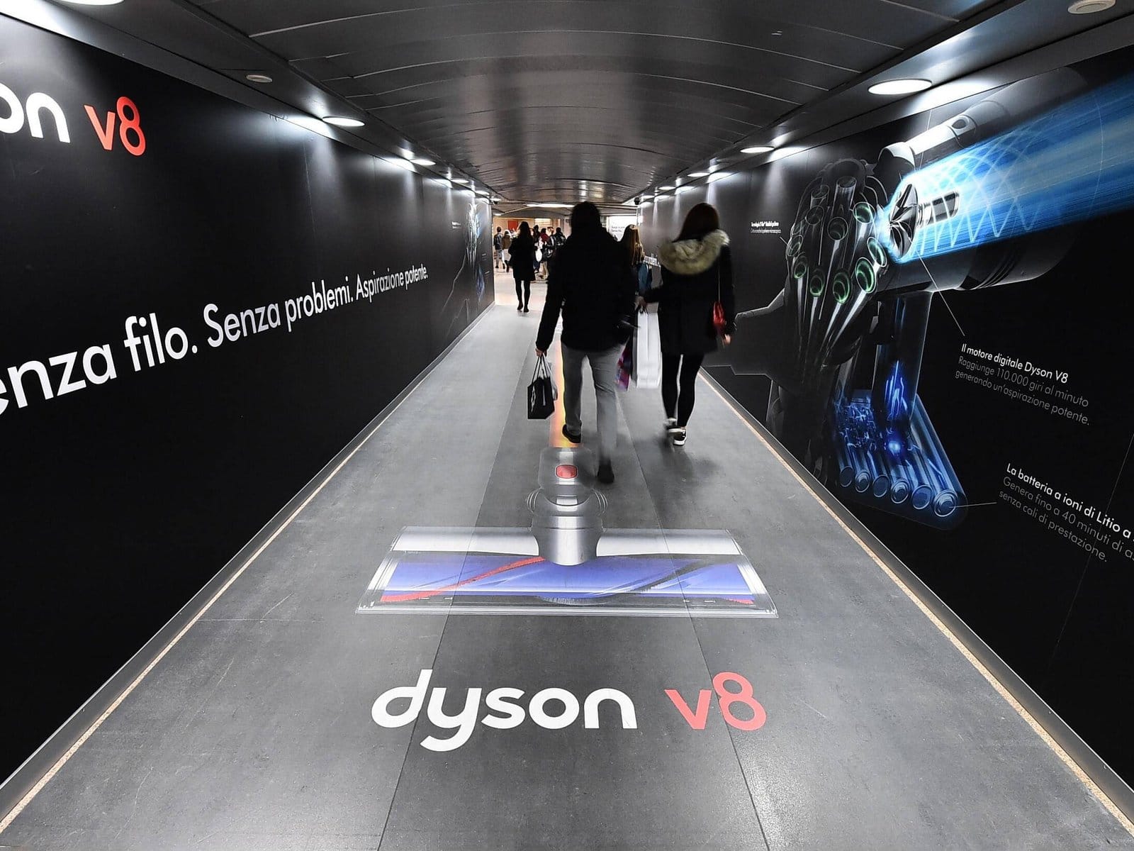 Dyson V8 metro station takeover in Milan, with branded walls and floor graphics