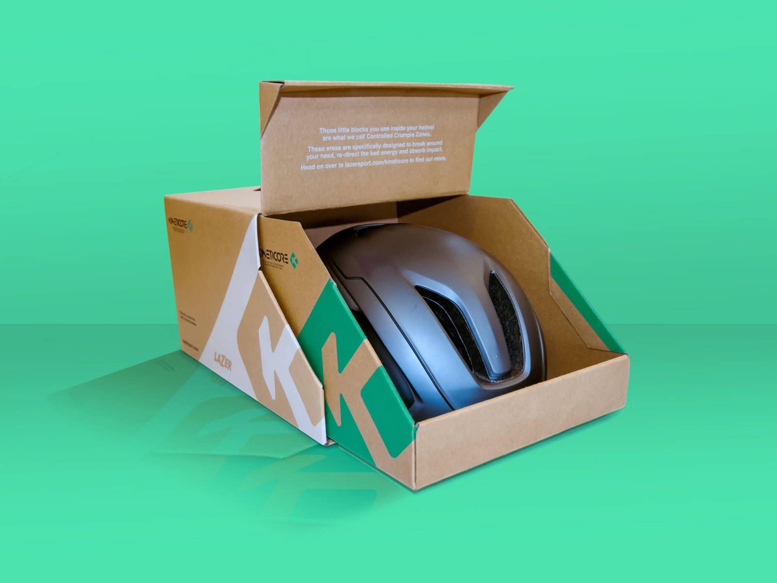 Lazer mid-tier KinetiCore helmet box, open with helmet inside