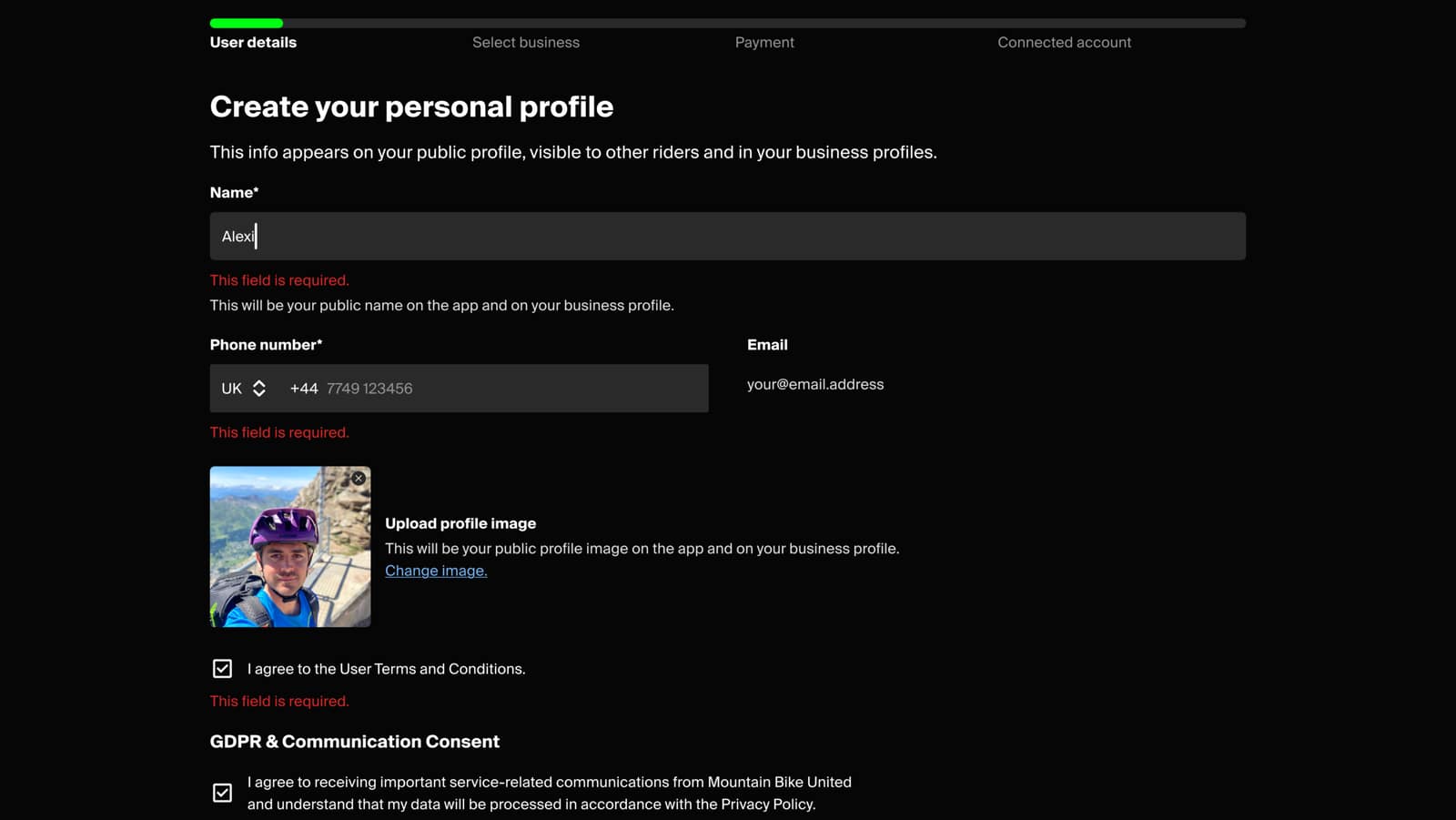 Mountain Bike United business admin platform, desktop screen 7