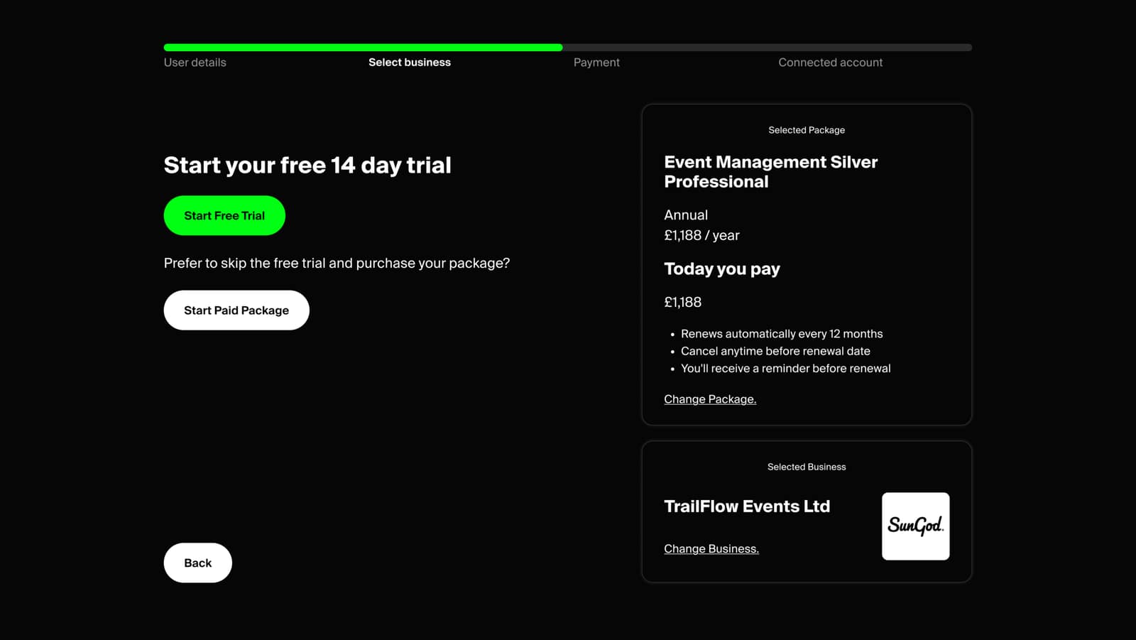 Mountain Bike United business admin platform, desktop screen 4