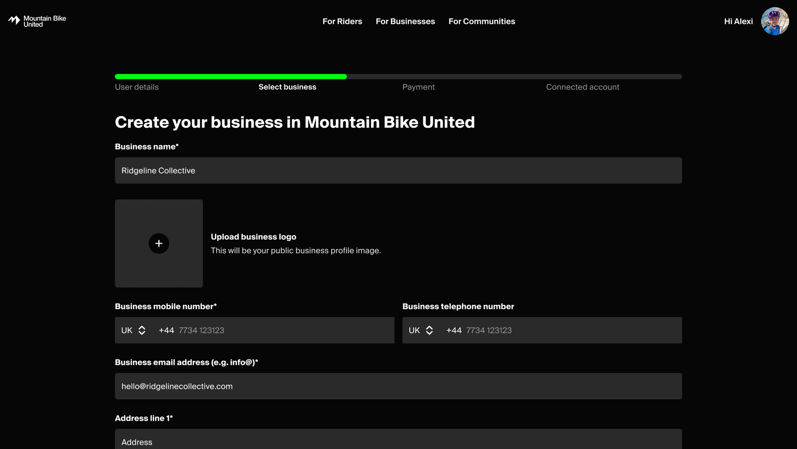 Mountain Bike United business admin platform, desktop screen 3