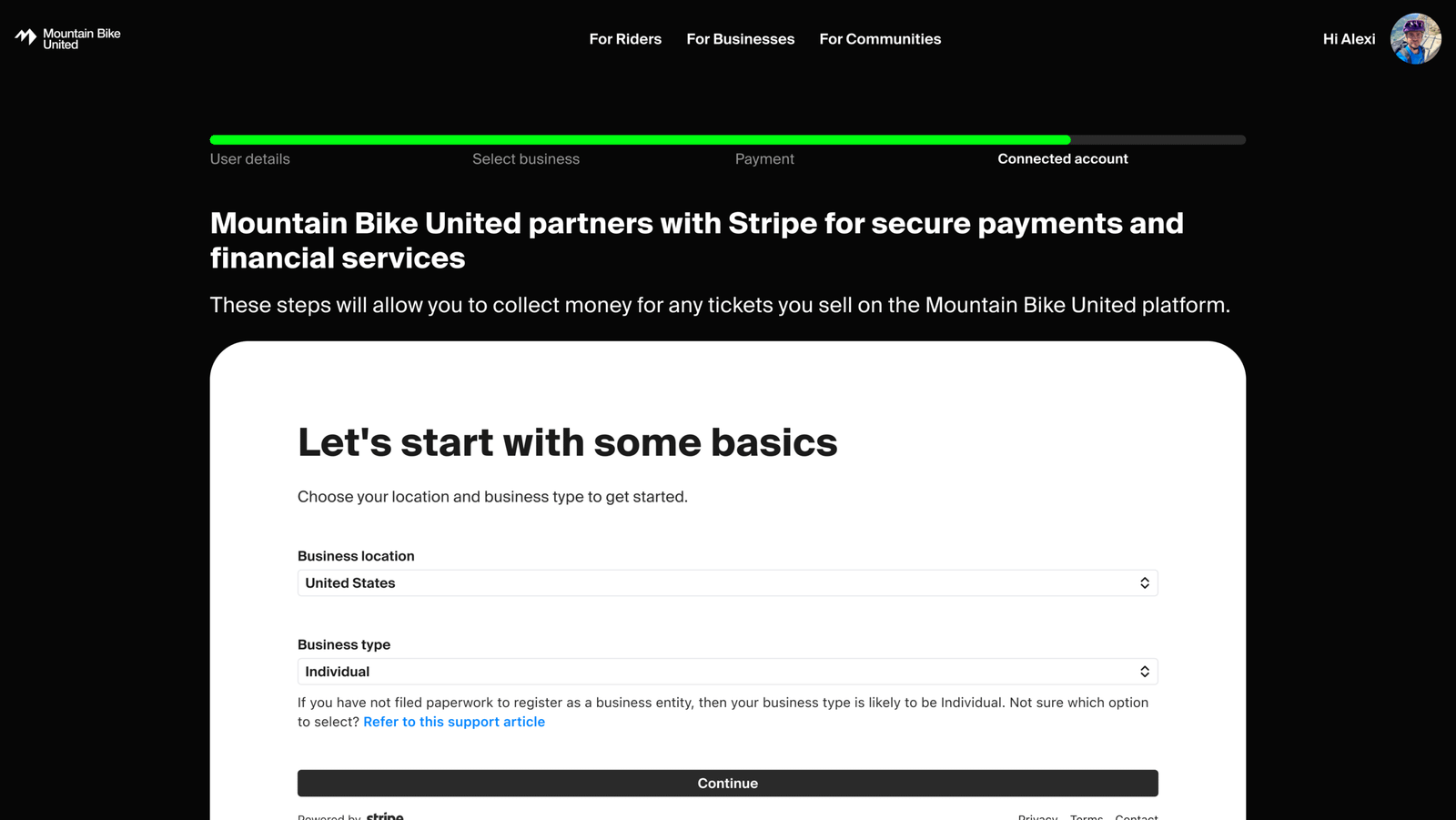 Mountain Bike United business admin platform, desktop screen 2