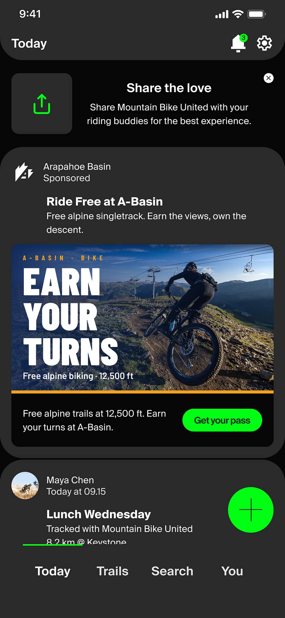 Mountain Bike United app venue screen for A-Basin bike park