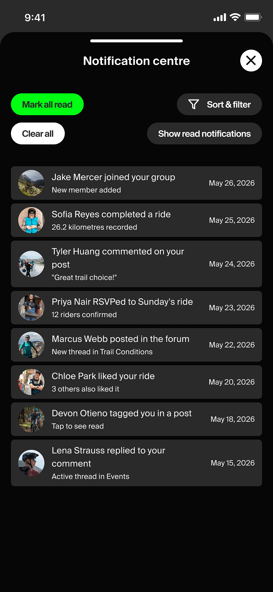 Mountain Bike United notification centre screen