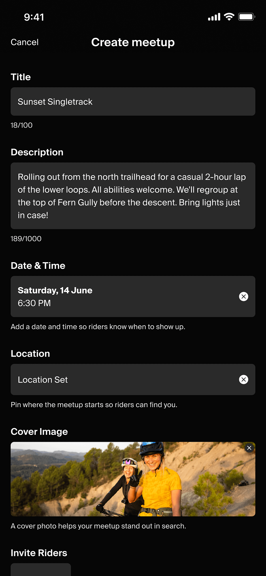 Mountain Bike United app screen for creating a meetup