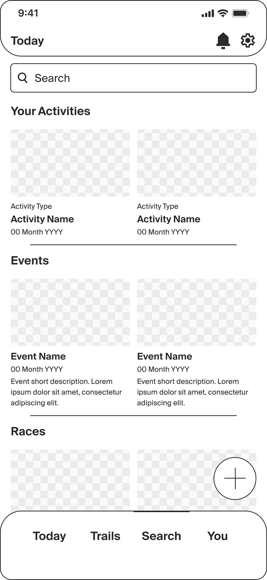 Mountain Bike United search tab wireframe