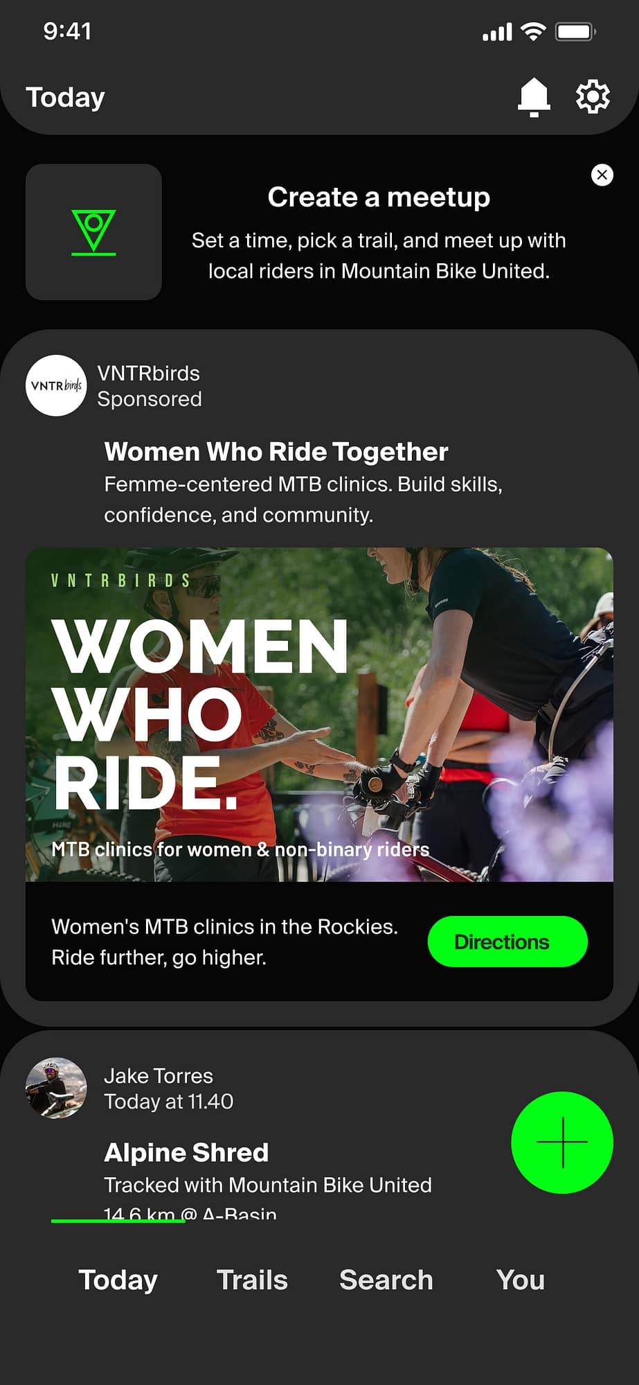 Mountain Bike United app event listing screen