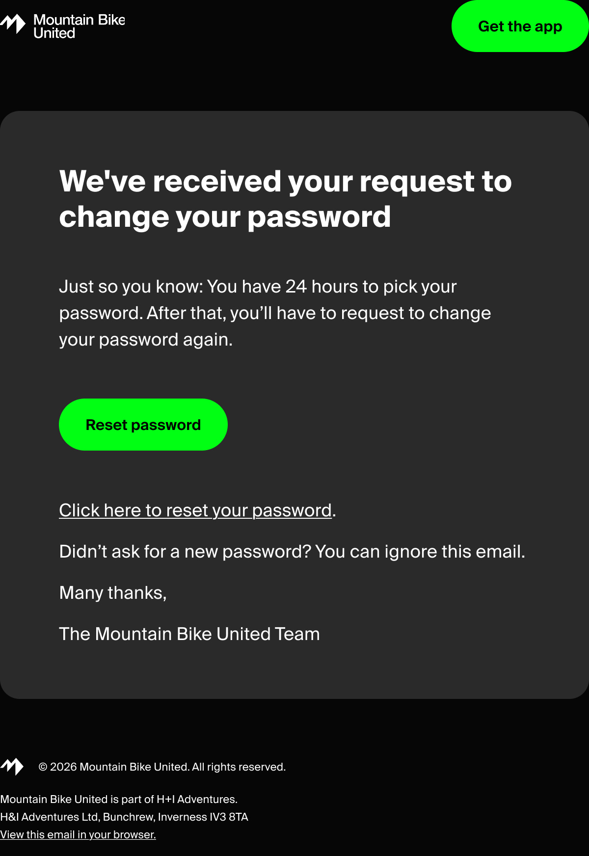 Mountain Bike United password reset email showcasing UX & UI design elements for user engagement. - Alexi Hall