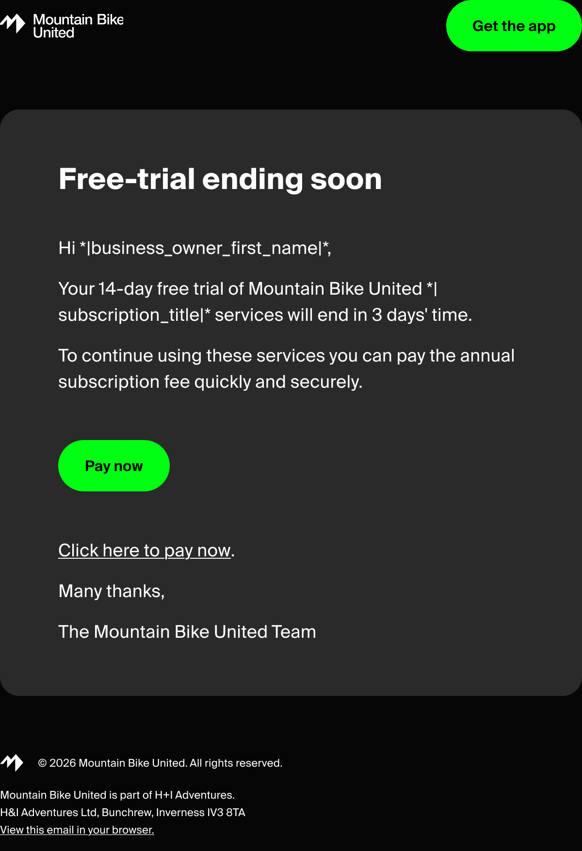 Mountain Bike United email showcasing UX & UI design for subscription services and a call to action for users. - Alexi Hall