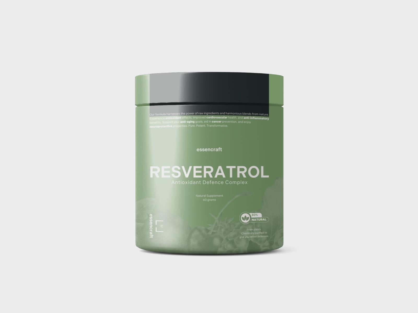 Health supplement packaging concept featuring a green container labeled Resveratrol with antioxidant defense complex details. - Alexi Hall