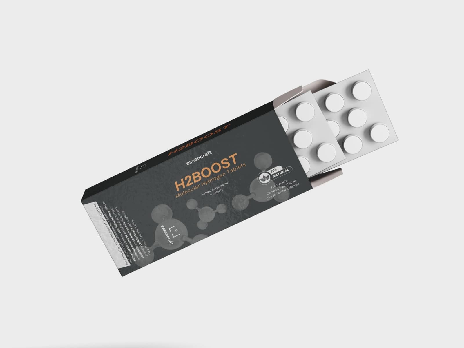 Innovative health supplement packaging concepts featuring H2BOOST molecular hydrogen tablets in a sleek box design. - Alexi Hall