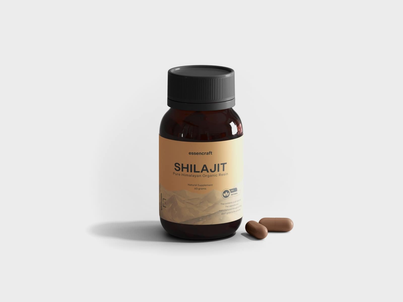Health supplement packaging concepts featuring a Shilajit bottle with organic resin, showcasing modern design and branding. - Alexi Hall