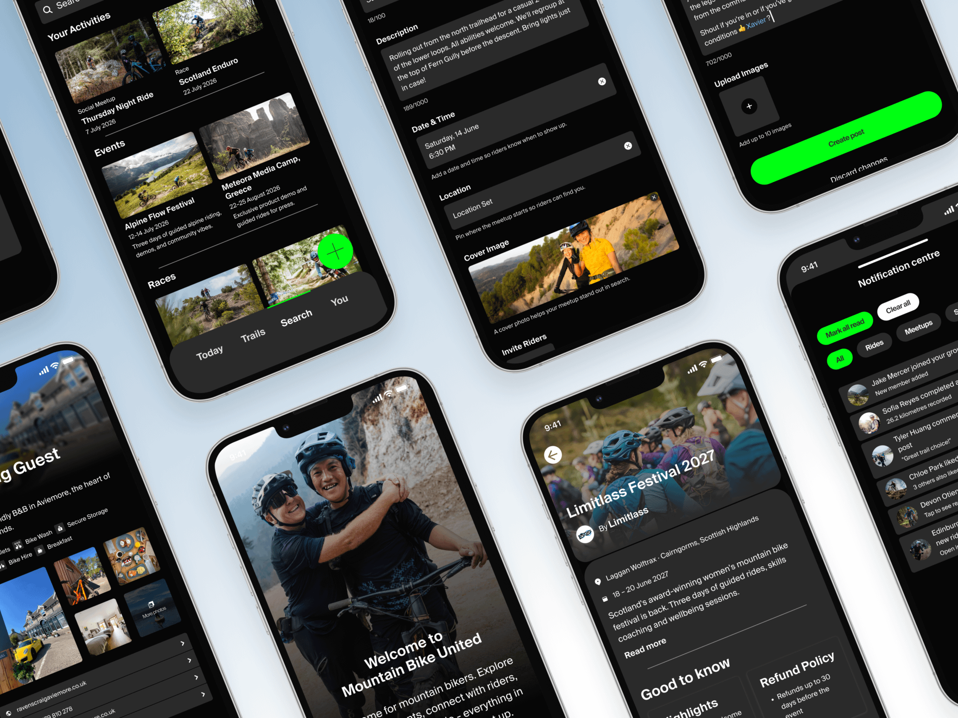 Mobile app design showcasing Mountain Bike United UX & UI Design for events, activities, and user engagement. - Alexi Hall