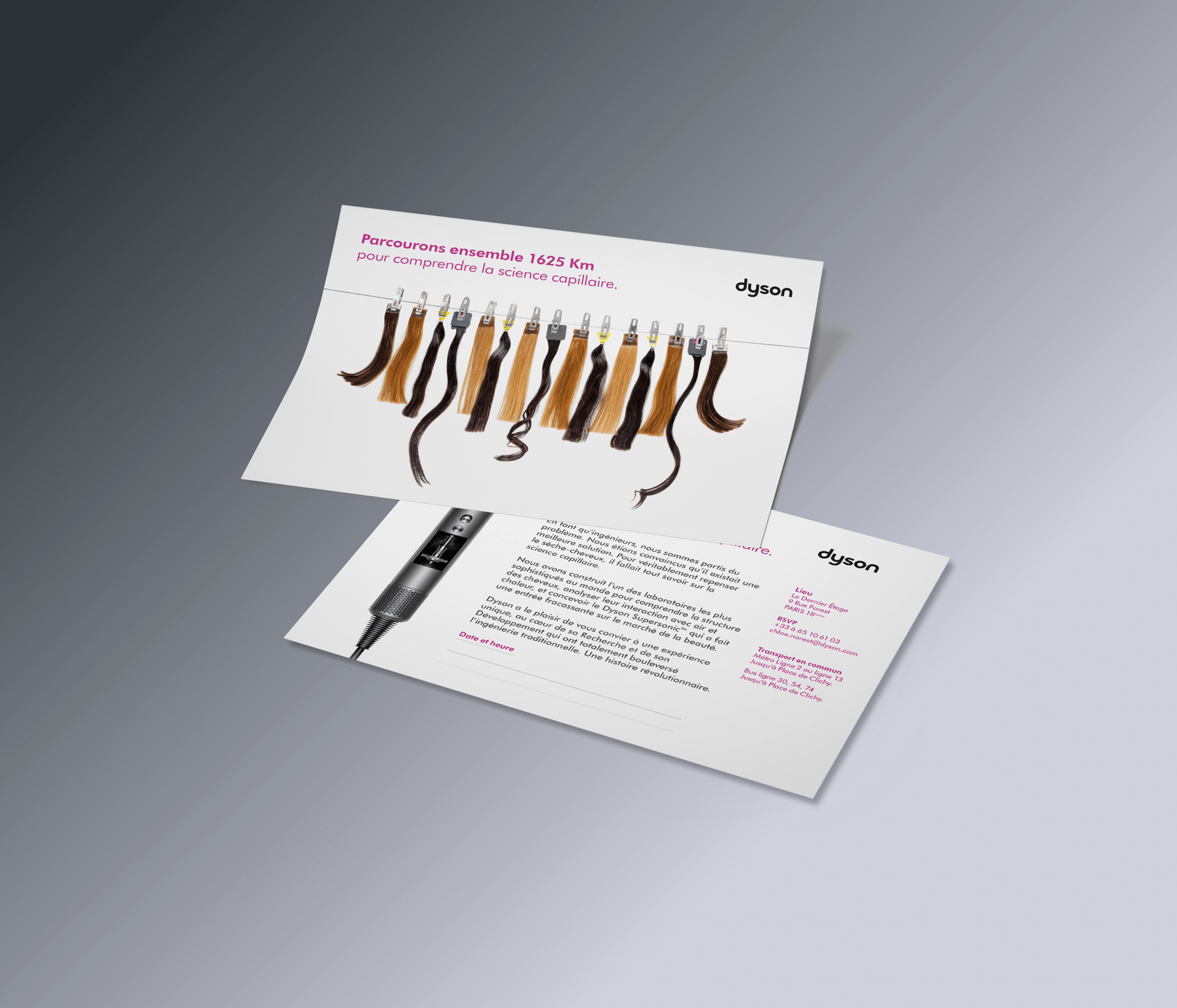 Dyson Hair Science press event graphics showcasing hair samples and product information for hair care innovation. - Alexi Hall