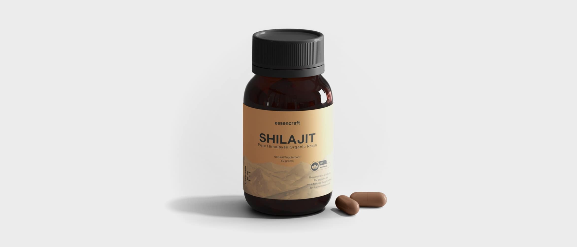 Health supplement packaging concepts featuring a Shilajit bottle with organic resin and capsules for natural wellness. - Alexi Hall