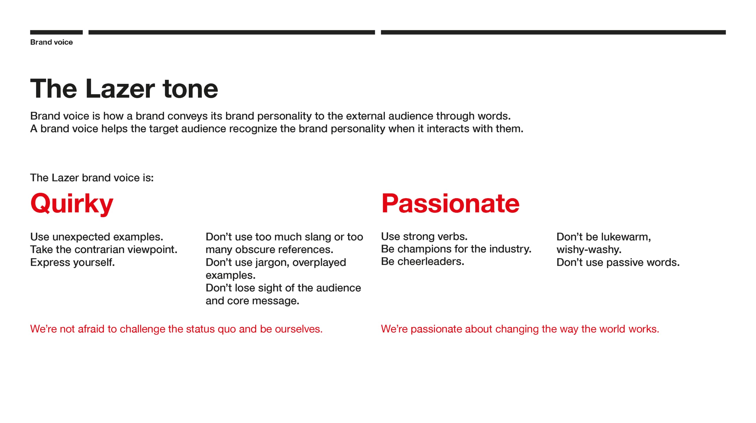 The Lazer brand voice emphasizes quirky and passionate communication to engage audiences effectively. - Alexi Hall