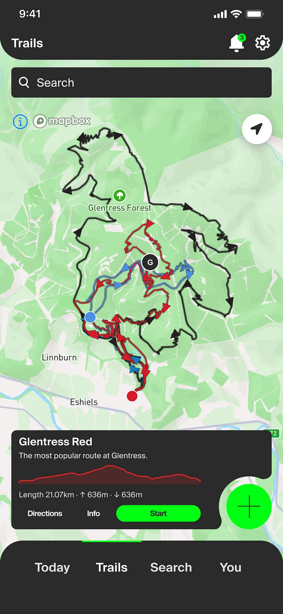 Mountain bike trail map showcasing UX & UI design for Glentress, highlighting popular routes and features. - Alexi Hall
